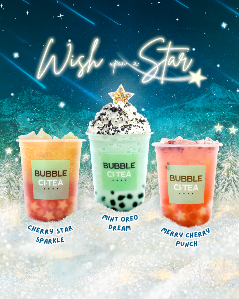 Selection of Bubble Ci-tea drinks with a christmas themed background