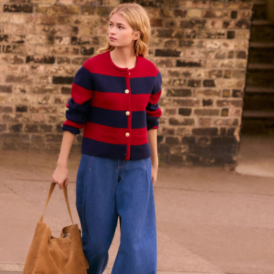 Lady wearing Next knitted jumper in red and black stripes